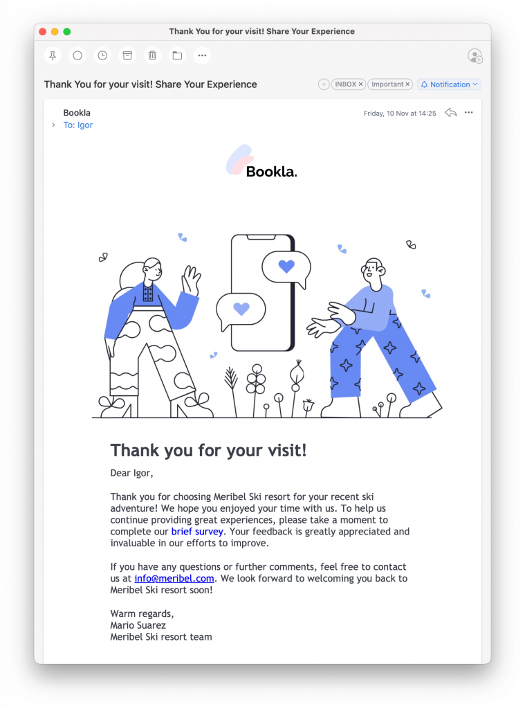Email with thank you message from ski resort