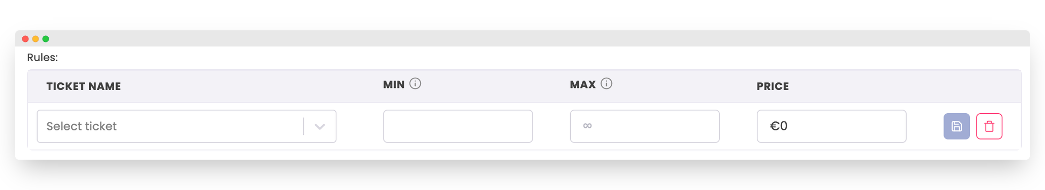 Ticket bundle rule's form
