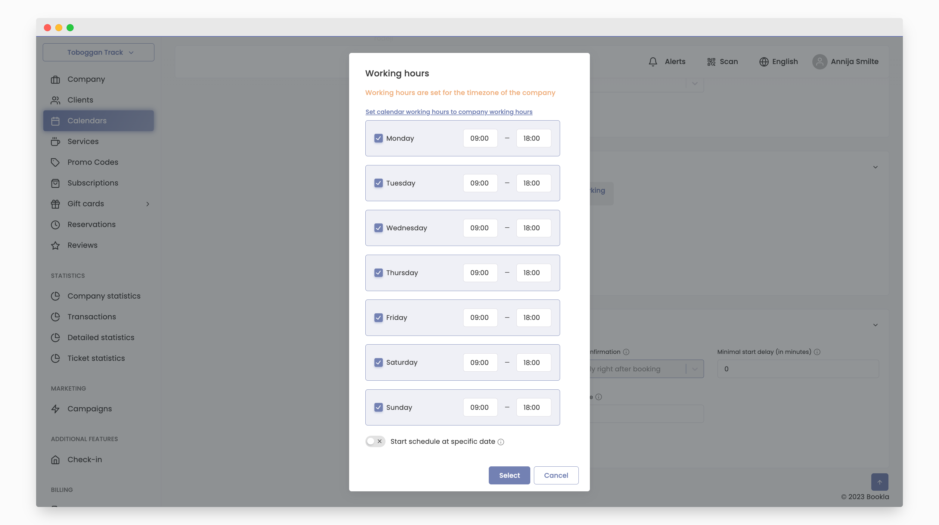 Calendar working hours