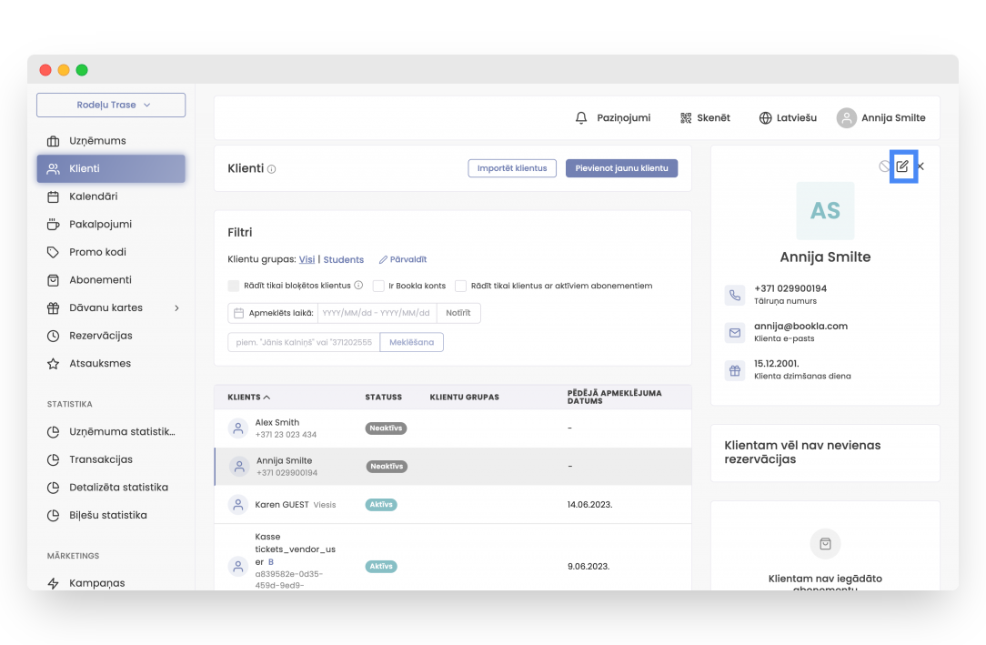 izvēlieties klientu