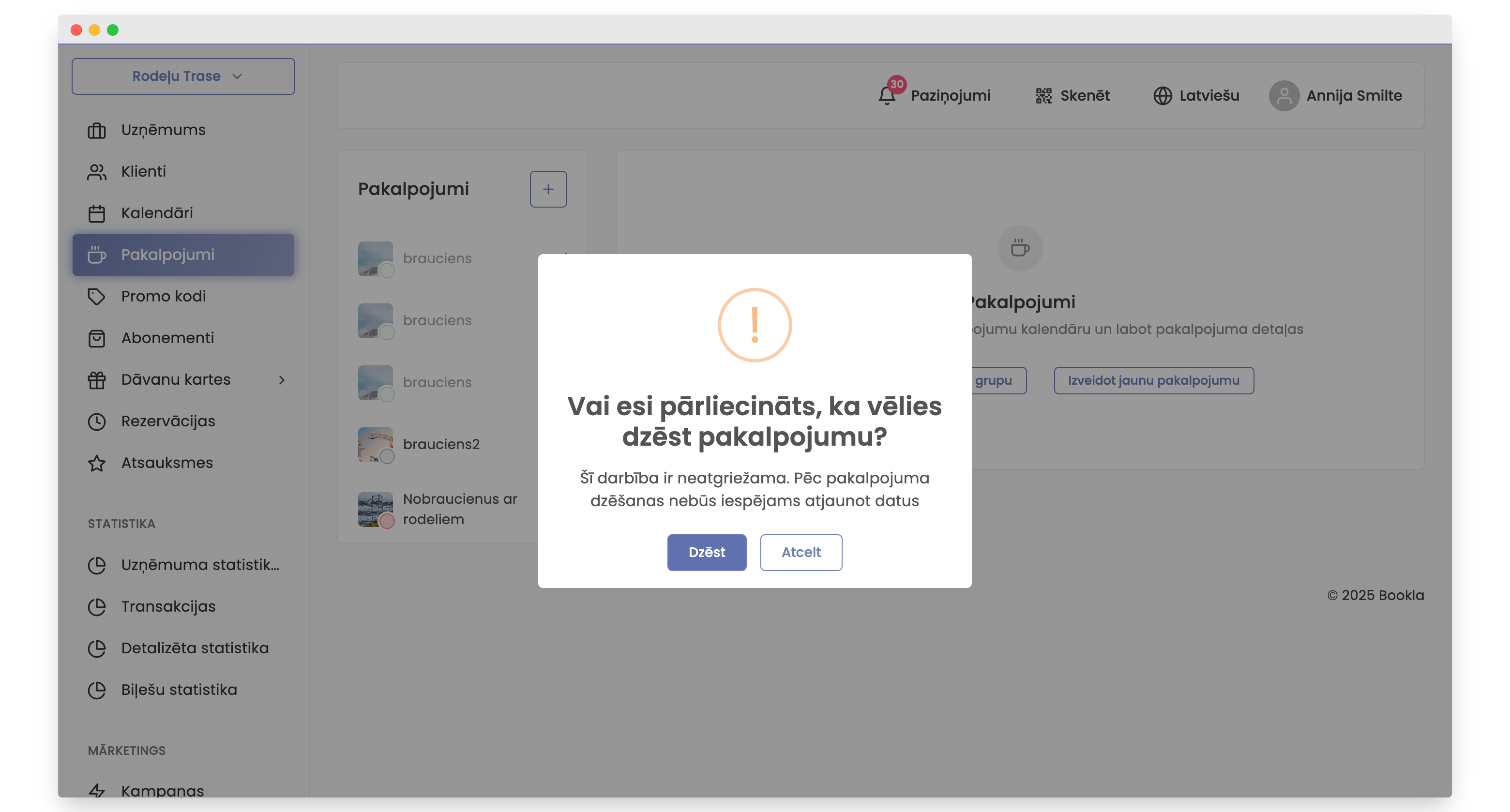 apstiprināt pakalpojuma dzēšanu