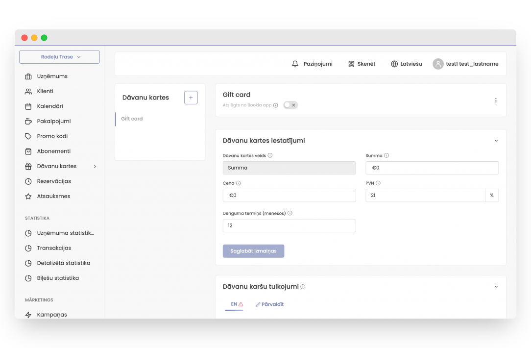 Dāvanu kartes iestatījumi
