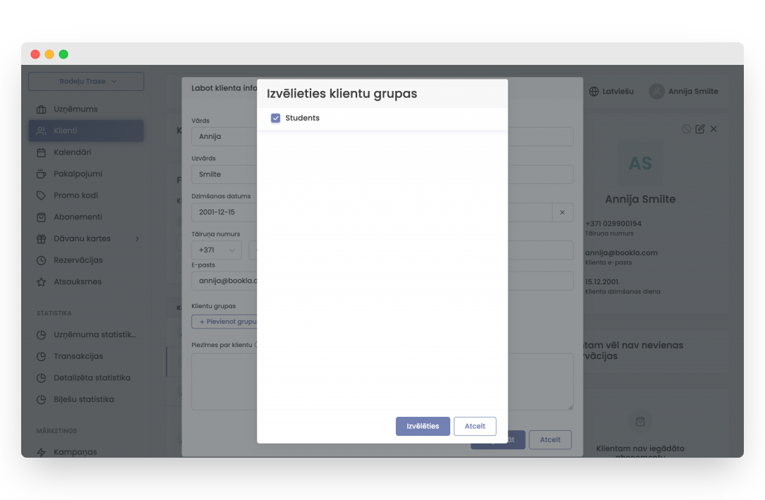 izvēlieties klienta grupu