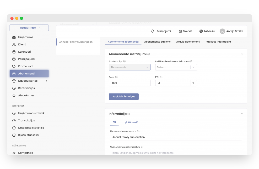 abonementa iestatījumi