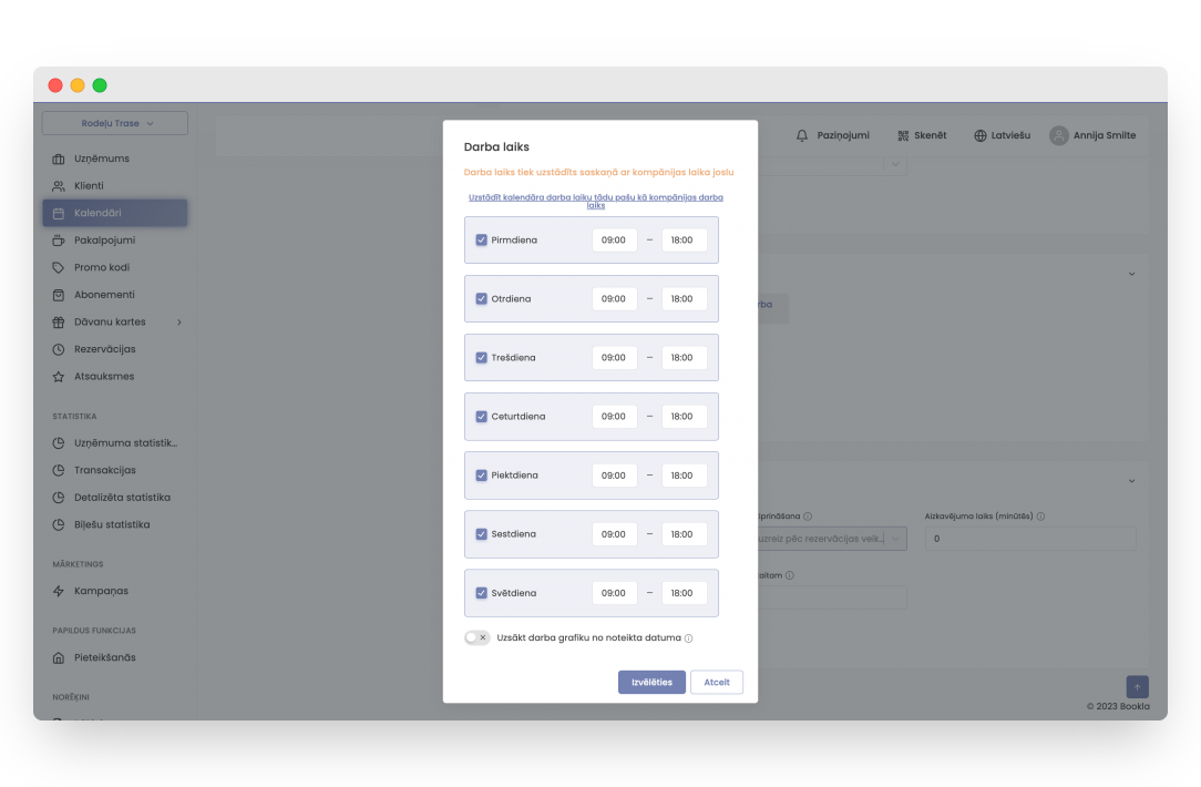 Calendar working hours